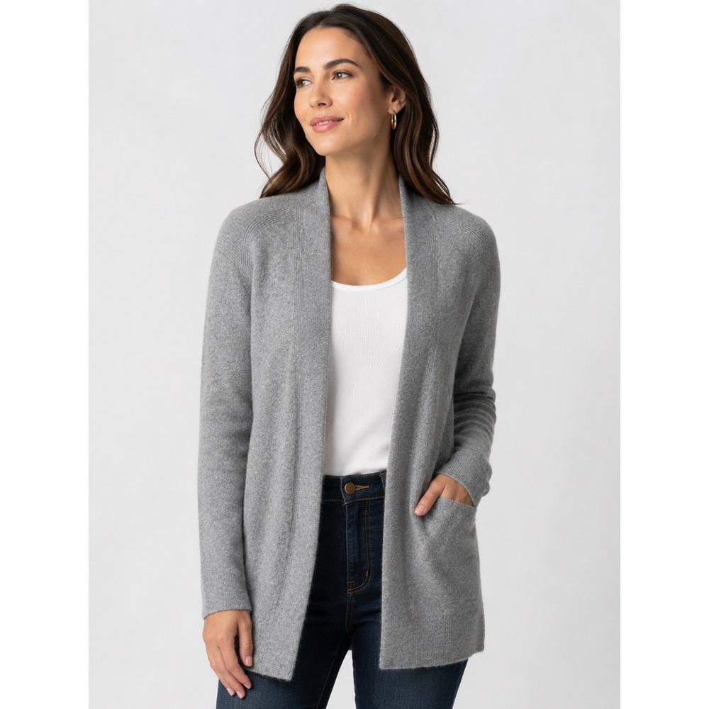 Saks Fifth Avenue 100% Cashmere Open‎ Front Cardigan Gray Shawl Collar Womens M